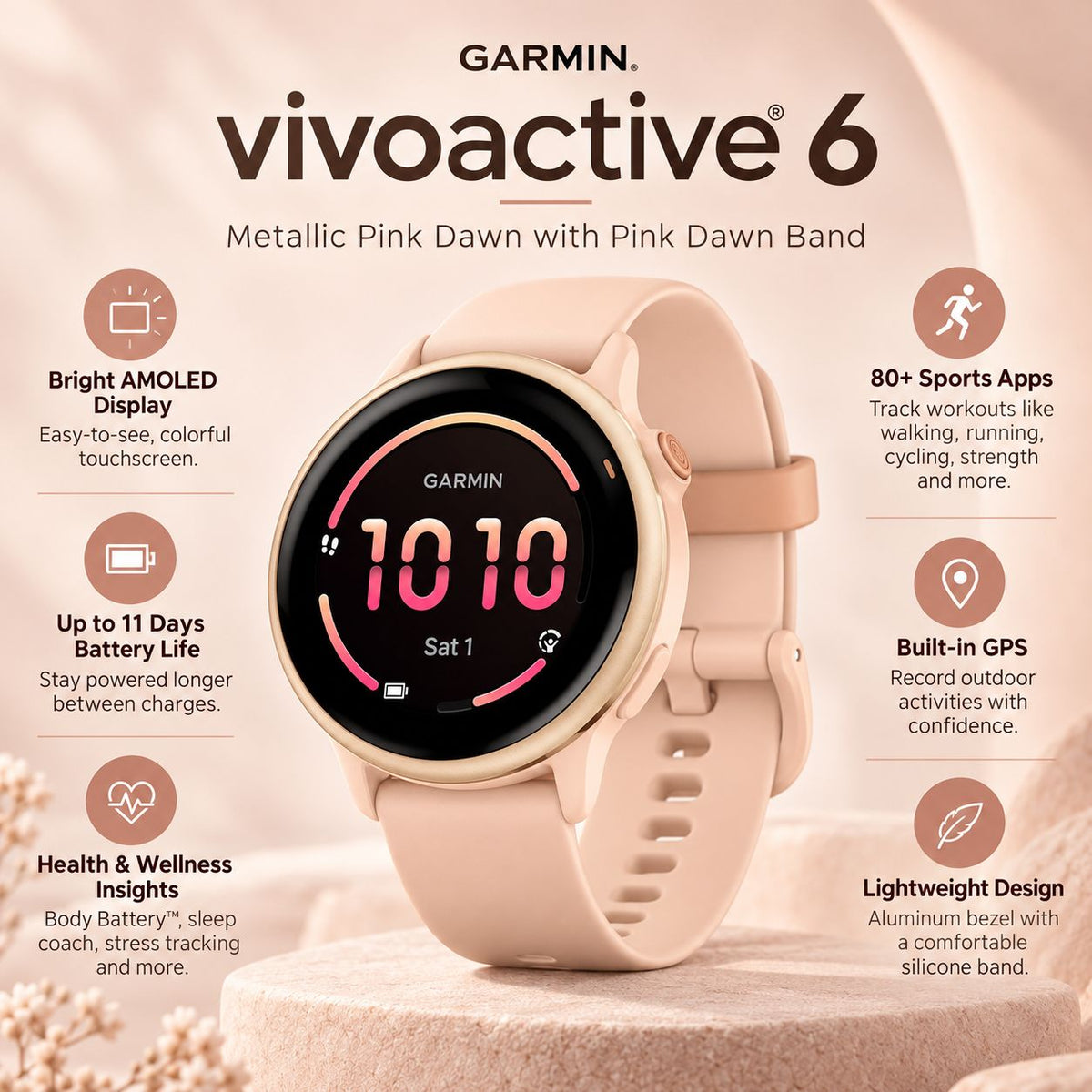 GARMIN Vivoactive 6 GPS Fitness Smartwatch - Metallic Pink Dawn with Pink Dawn Silicone Band