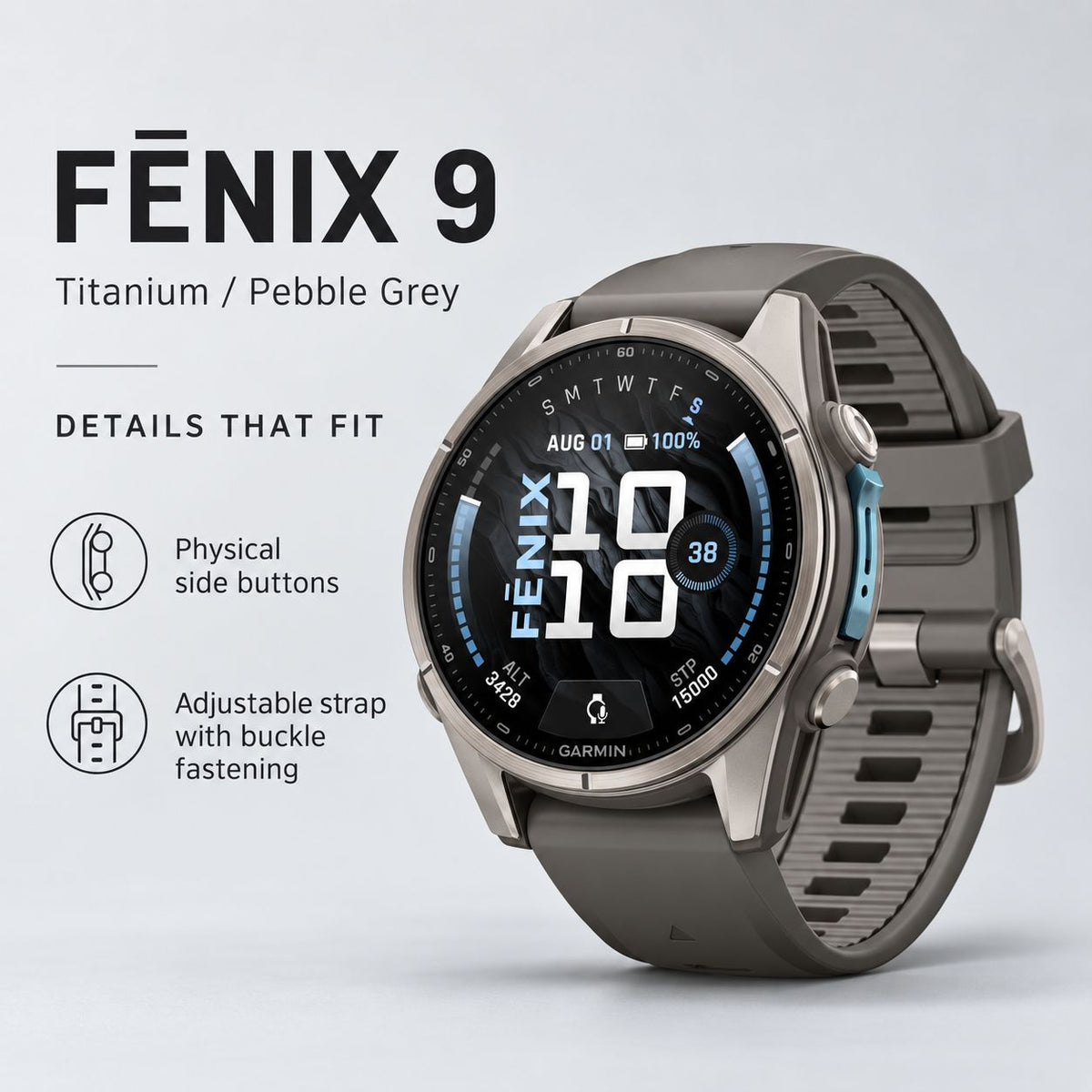GARMIN Fenix 9 GPS Multisport Smartwatch - Titanium with Pebble Grey Silicone Band | 43 mm