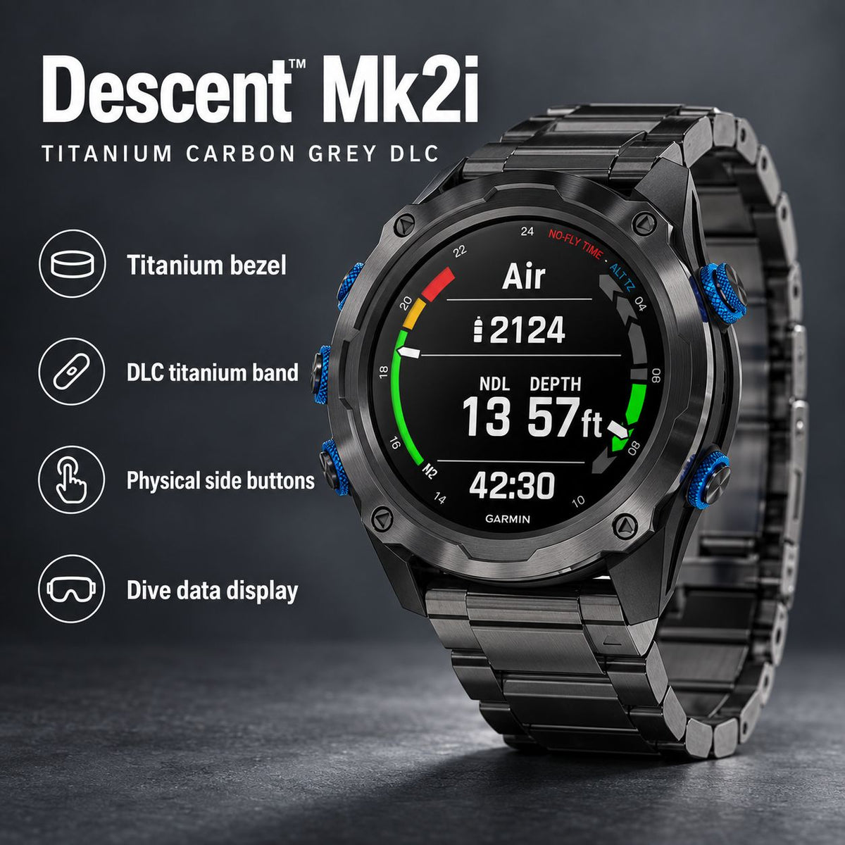 GARMIN Descent Mk2i Dive Computer Smartwatch - Titanium Carbon Grey DLC with Titanium Band & Descent T1 Transmitter
