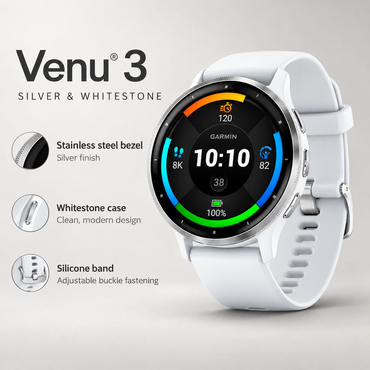 GARMIN Venu 3 GPS Smartwatch - Silver Stainless Steel Bezel with Whitestone Case and Silicone Band