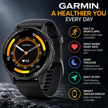 GARMIN Venu 3 GPS Fitness Smartwatch - Slate Stainless Steel Bezel with Black Case | Silicone Band