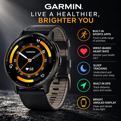GARMIN Venu 3 GPS Fitness Smartwatch - Slate Stainless Steel Bezel with Black Case | Silicone Band