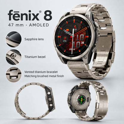 GARMIN Fenix 8 AMOLED GPS Smartwatch - Sapphire, Titanium with Vented Titanium Bracelet | 47 mm