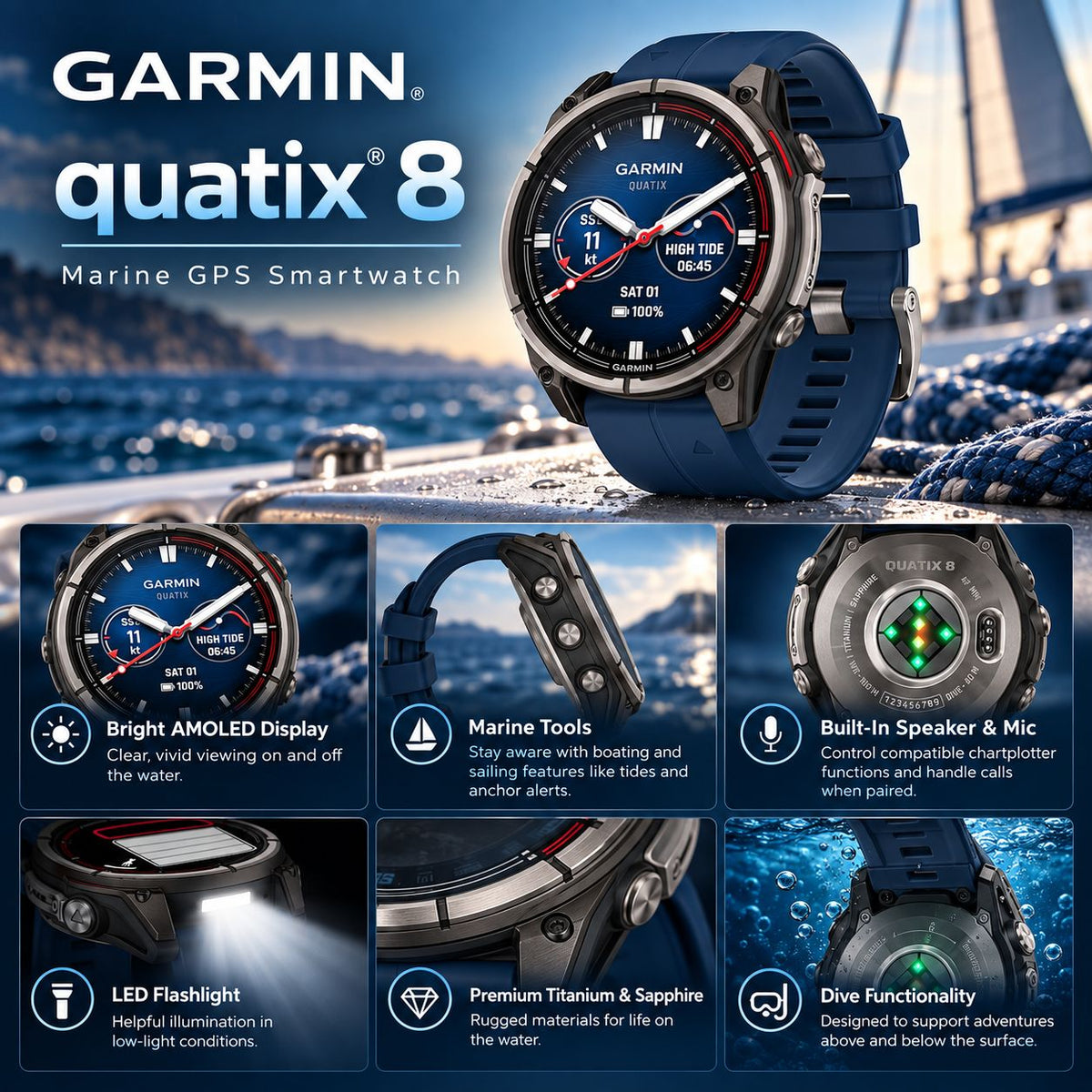 GARMIN Quatix 8 AMOLED Marine GPS Smartwatch - Sapphire Lens with Titanium Bezel | 47 mm
