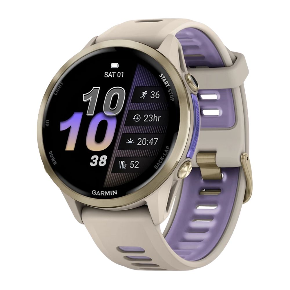 GARMIN Forerunner 970 GPS Running Smartwatch - Soft Gold Titanium with French Grey Case and French Grey/Translucent Indigo Band