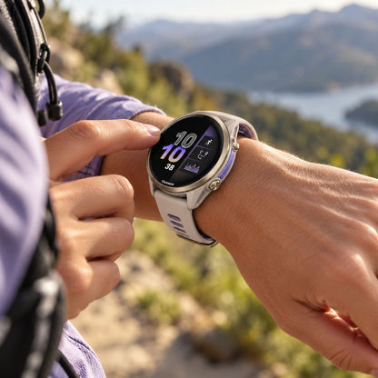 GARMIN Forerunner 970 GPS Running Smartwatch - Soft Gold Titanium with French Grey Case and French Grey/Translucent Indigo Band