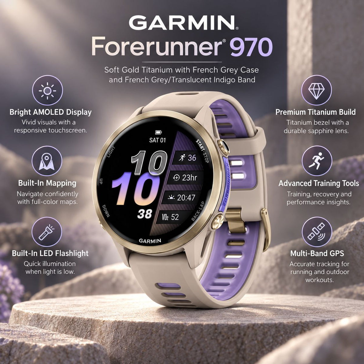 GARMIN Forerunner 970 GPS Running Smartwatch - Soft Gold Titanium with French Grey Case and French Grey/Translucent Indigo Band