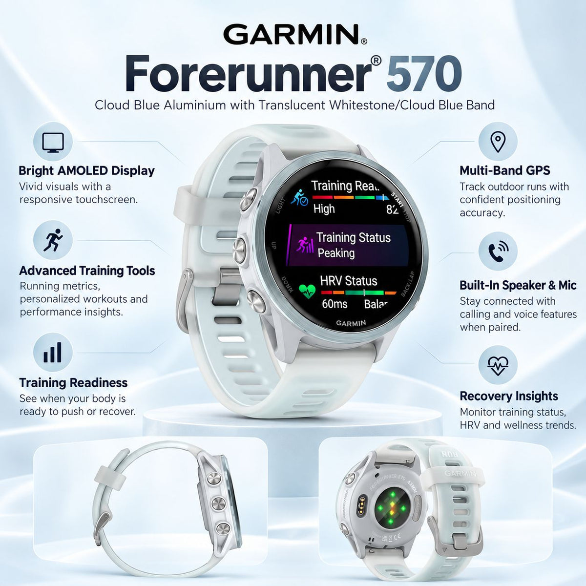 GARMIN Forerunner 570 GPS Running Smartwatch - Cloud Blue Aluminium with Translucent Whitestone/Cloud Blue Band | 42 mm
