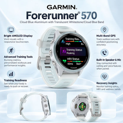 GARMIN Forerunner 570 GPS Running Smartwatch - Cloud Blue Aluminium with Translucent Whitestone/Cloud Blue Band | 42 mm