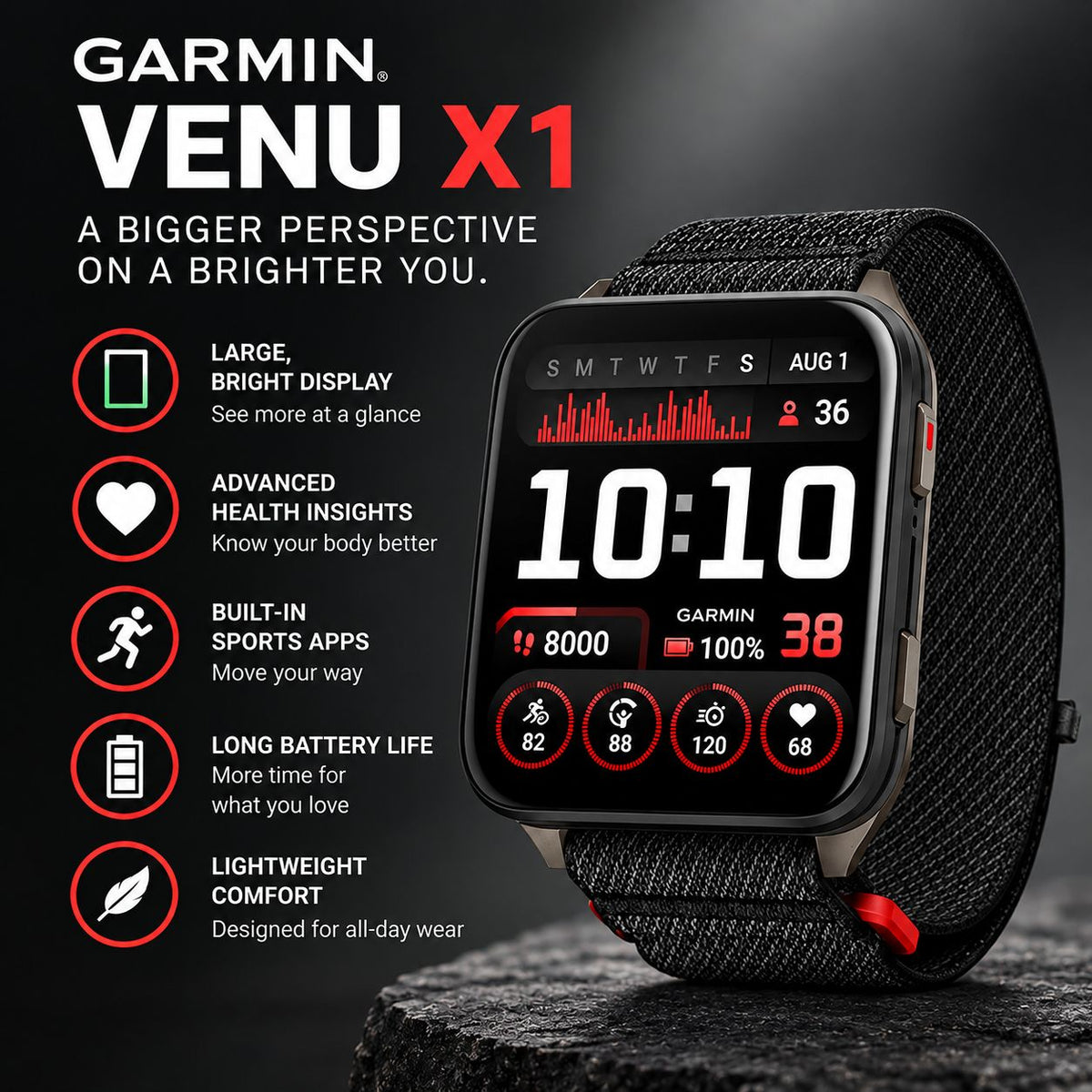 GARMIN Venu X1 Premium GPS Smartwatch - Moss | Nylon Band