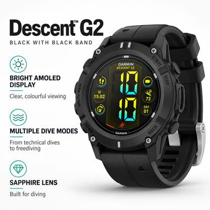 GARMIN Descent G2 Dive Computer Smartwatch - Black with Black Silicone Band