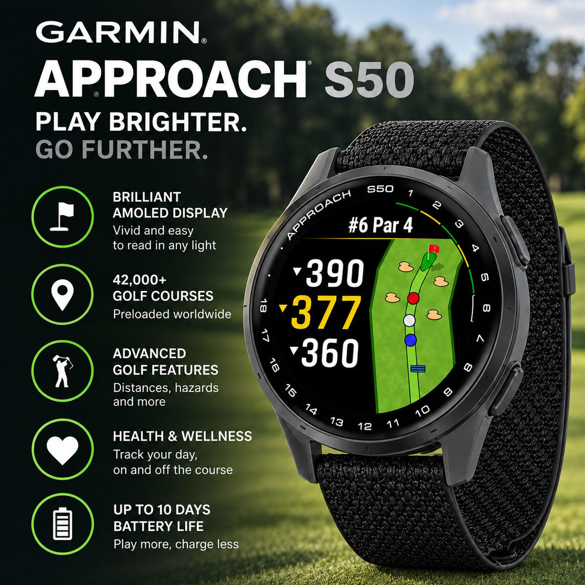 GARMIN Approach S50 GPS Golf Smartwatch - Cream Gold Aluminium with Ivory | Nylon Band