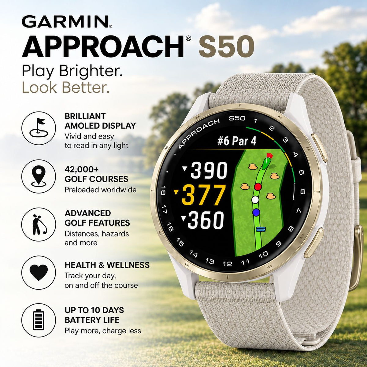 GARMIN Approach S50 GPS Golf Smartwatch - Cream Gold Aluminium with Ivory | Nylon Band