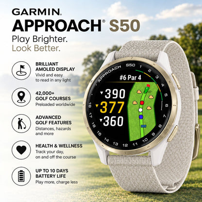 GARMIN Approach S50 GPS Golf Smartwatch - Cream Gold Aluminium with Ivory | Nylon Band