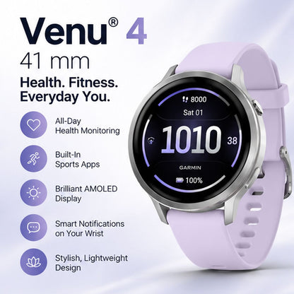 GARMIN Venu 4 GPS Smartwatch - Silver with Periwinkle Silicone Band | 41 mm
