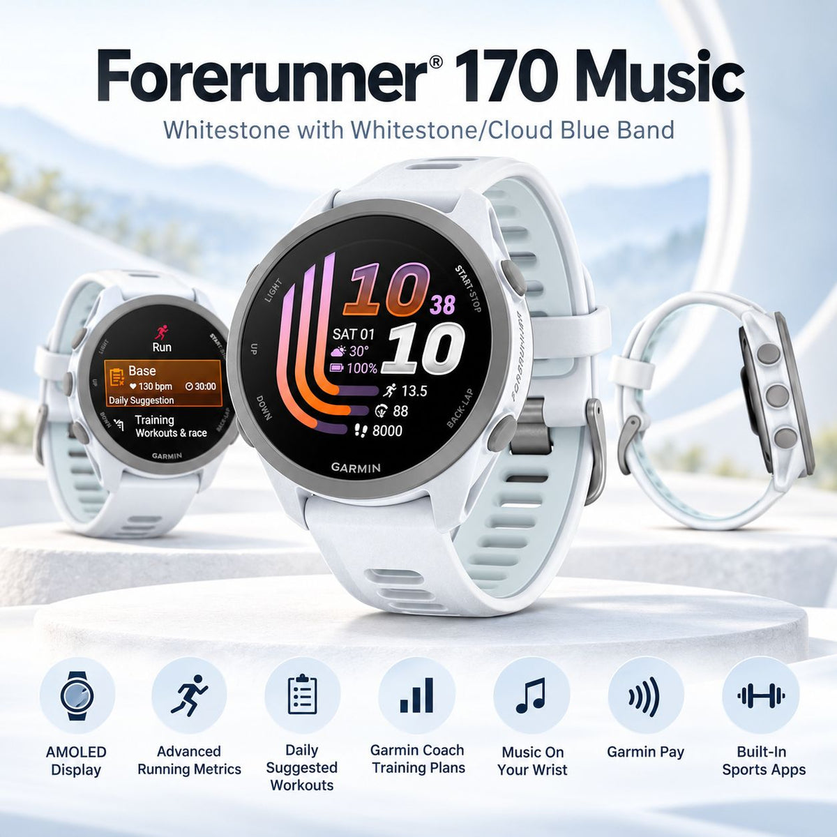 GARMIN Forerunner 170 Music GPS Running Smartwatch - Whitestone with Whitestone/Cloud Blue Band