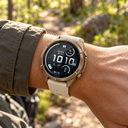 GARMIN Fenix 9 Pro GPS Smartwatch - Autumn Gold Titanium with Cream/French Grey Silicone Band | 43 mm