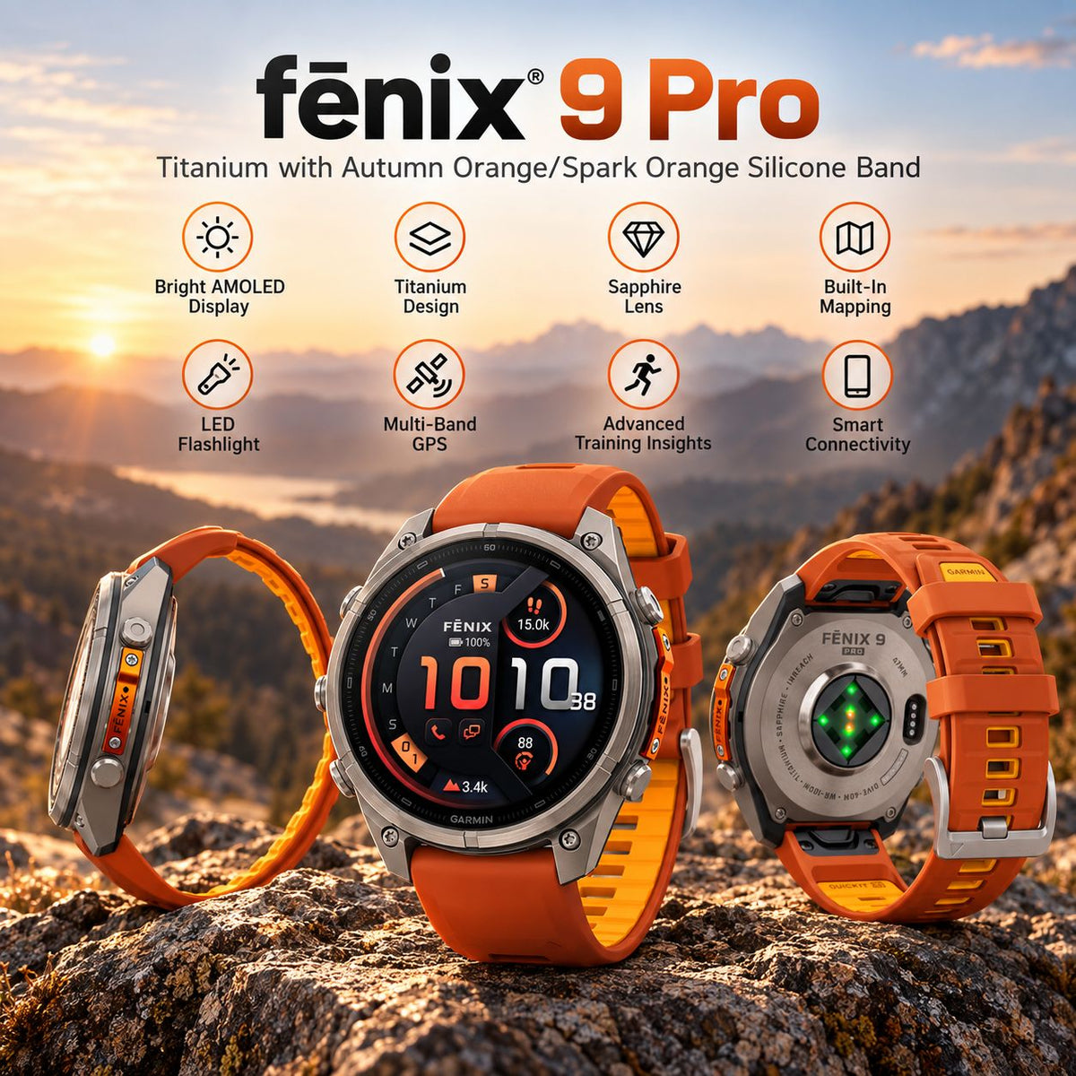 GARMIN Fenix 9 Pro GPS Multisport Smartwatch with inReach - Titanium with Autumn Orange/Spark Orange Silicone Band | 47 mm