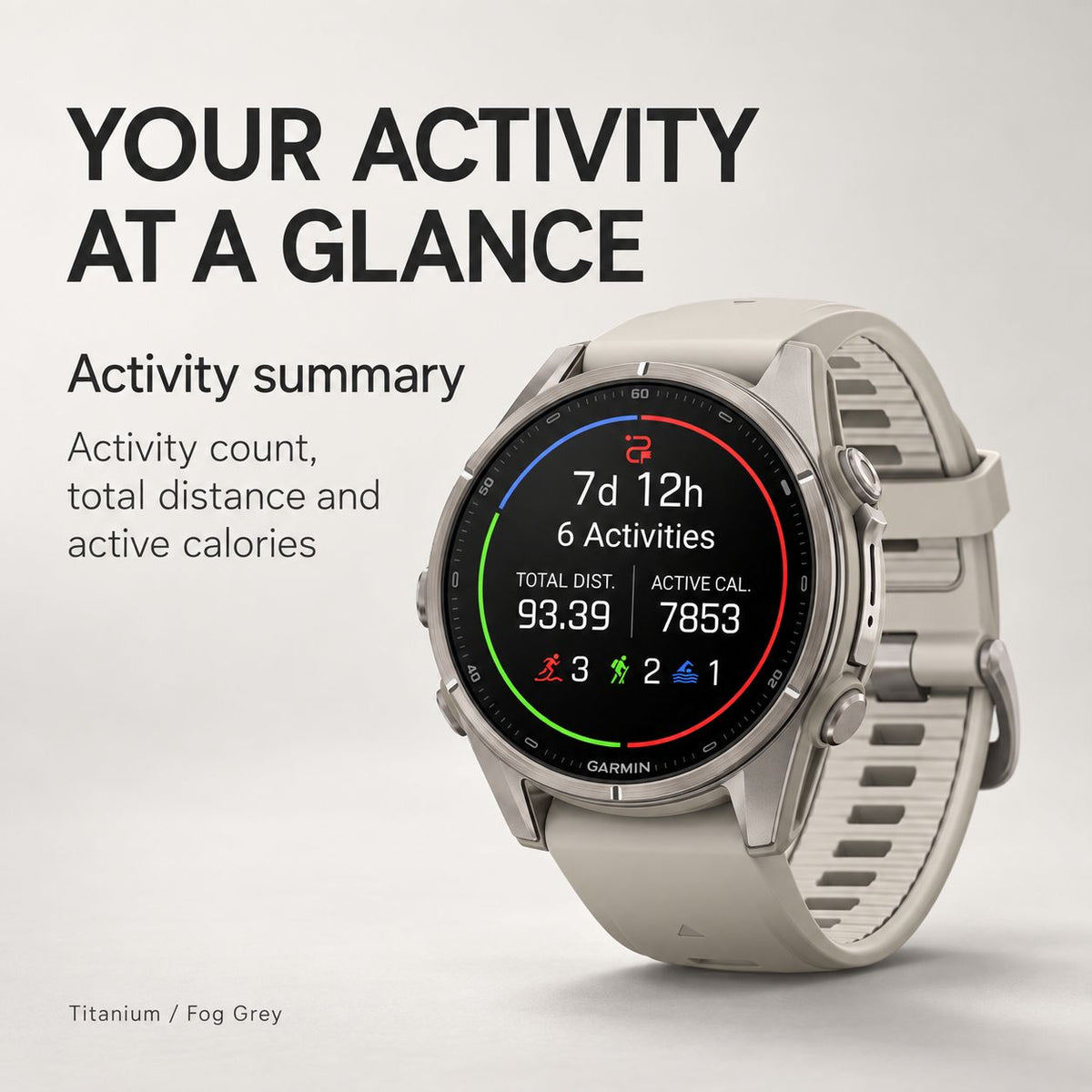 GARMIN Fenix 9 GPS Multisport Smartwatch - Titanium with Pebble Grey Silicone Band | 43 mm
