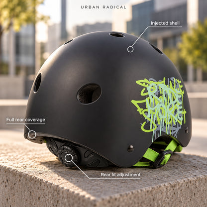 Polisport Urban Radical Kids Cycling Helmet - Black Green | Small (53 - 55 cm)