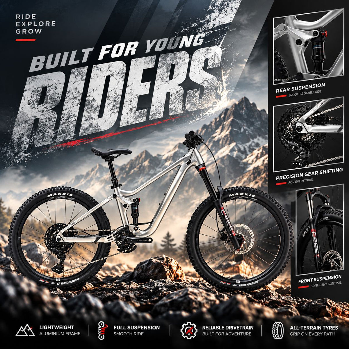 GIANT Faith 24 Full Suspension Kids Mountain Bike - Raw Aluminum